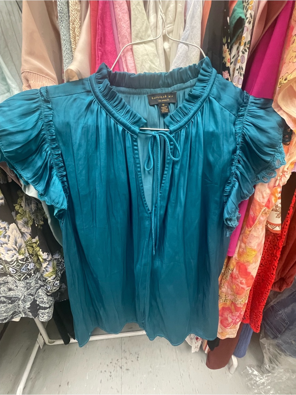 Current Air Teal Ruffle Tie-Neck Short Sleeve Blouse